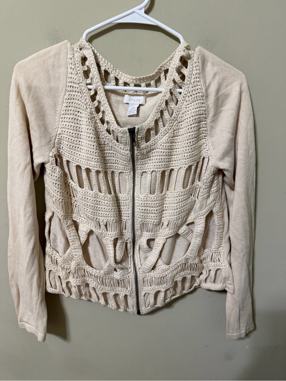 Chico's Cream Crochet Zip Front Cardigan size 0 small structured linen euc